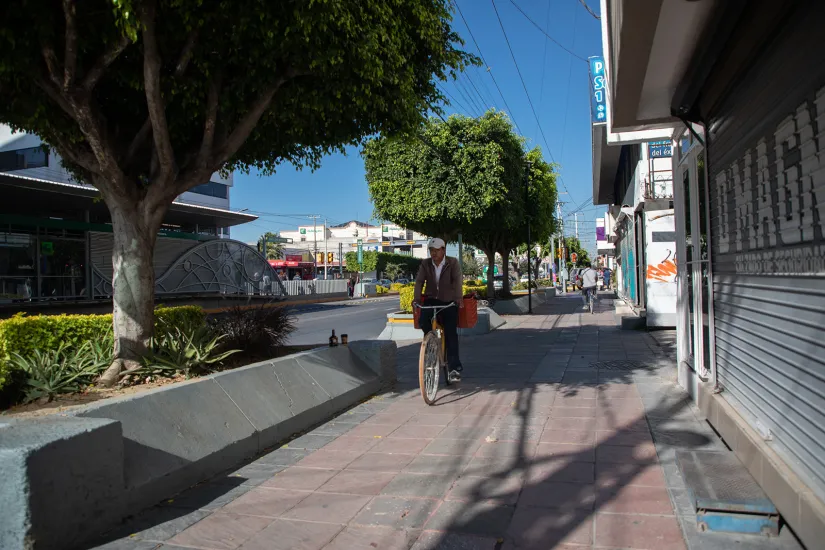 Cyclist on a bicycle lane in a neighbourhood in Léon, Mexico