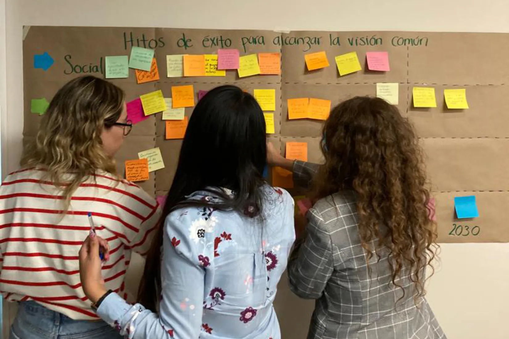 Three female Urban Lab participants sticking post-its to a poster containing stakeholders' visions for their neighbourhood. 