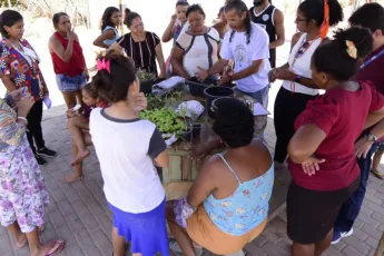 A group of people are gathered around a table with small plants.